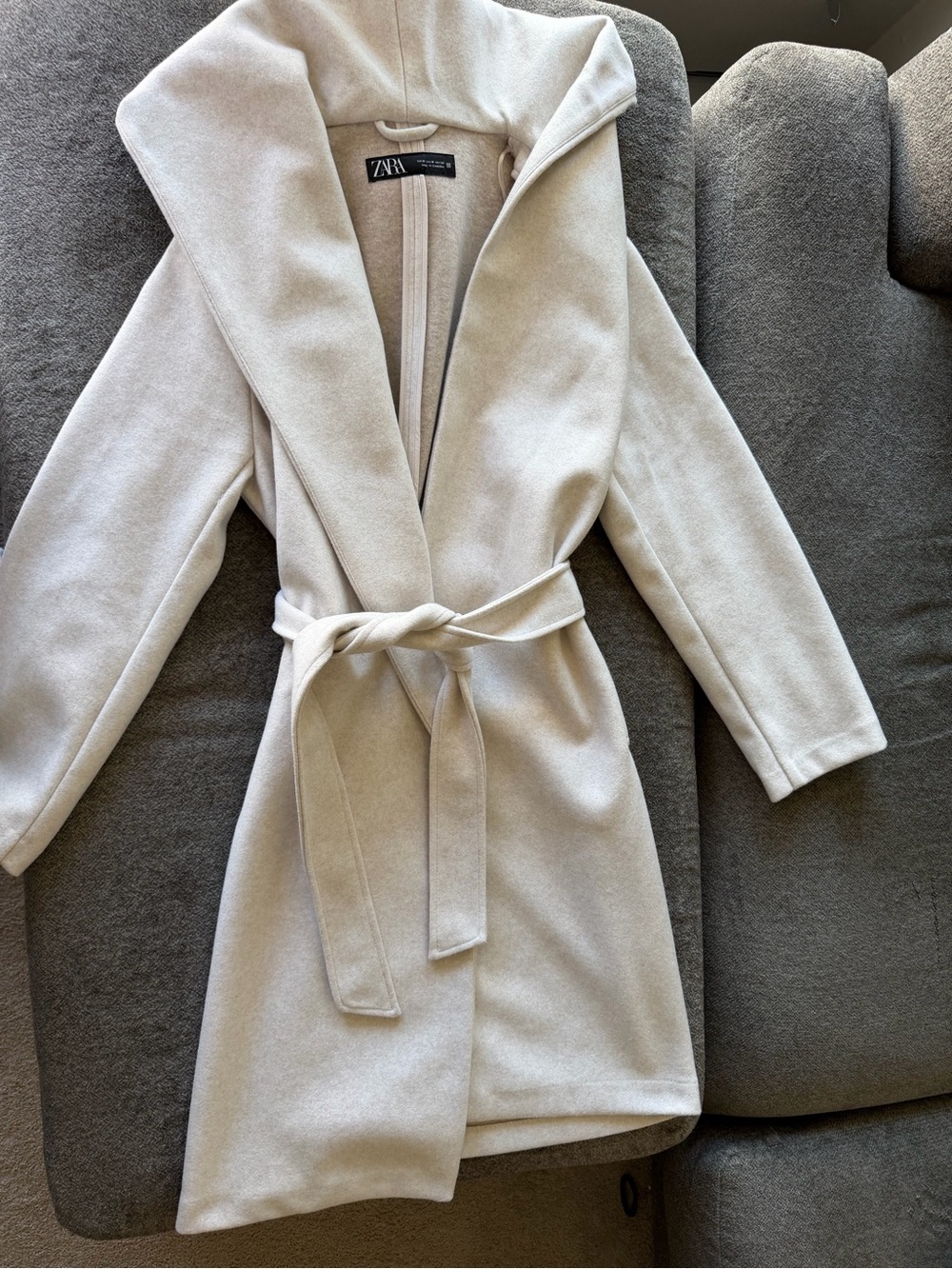 ZARA Cream Soft Hooded Coat with Belt - Picture 3 of 5
